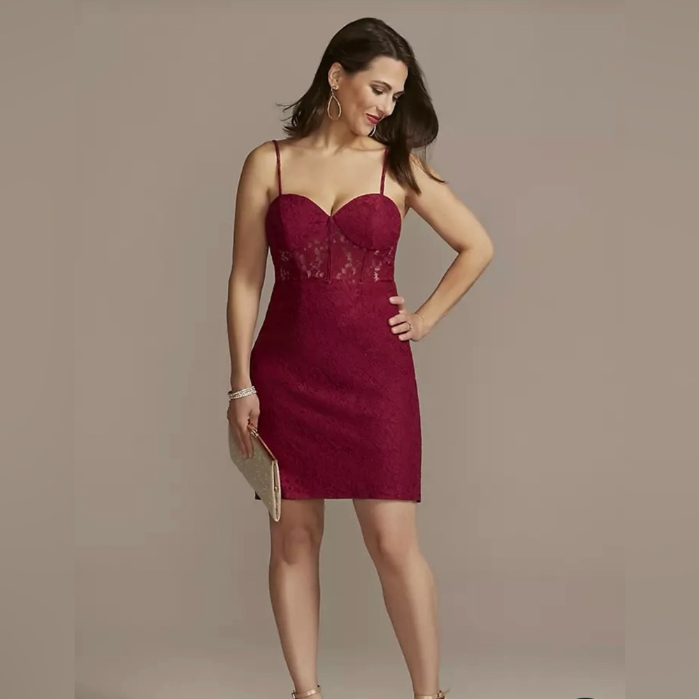 Short Lace Sheath Dress with Corset Bodice size 14 sheer midriff, lined skirt
